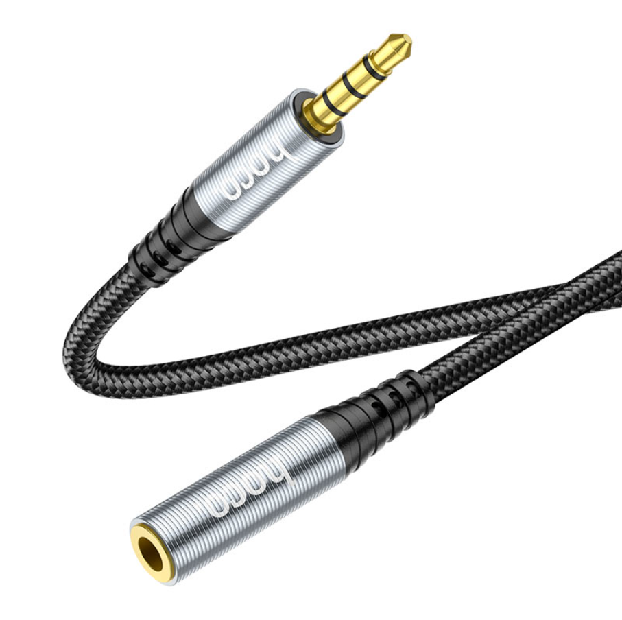Braided audio cable with 3.5mm connectors on a white background