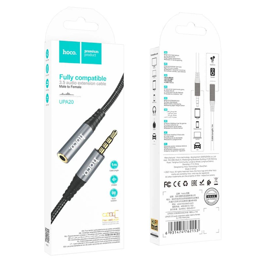 Hoco audio extension cable with packaging on a white background