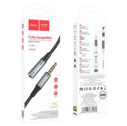 Hoco audio extension cable with packaging on a white background