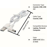 Barrel Jack Power Cable (Elbow) - 5.5mm x 2.1mm charger (White) 1m - White - Electronics Accessories
