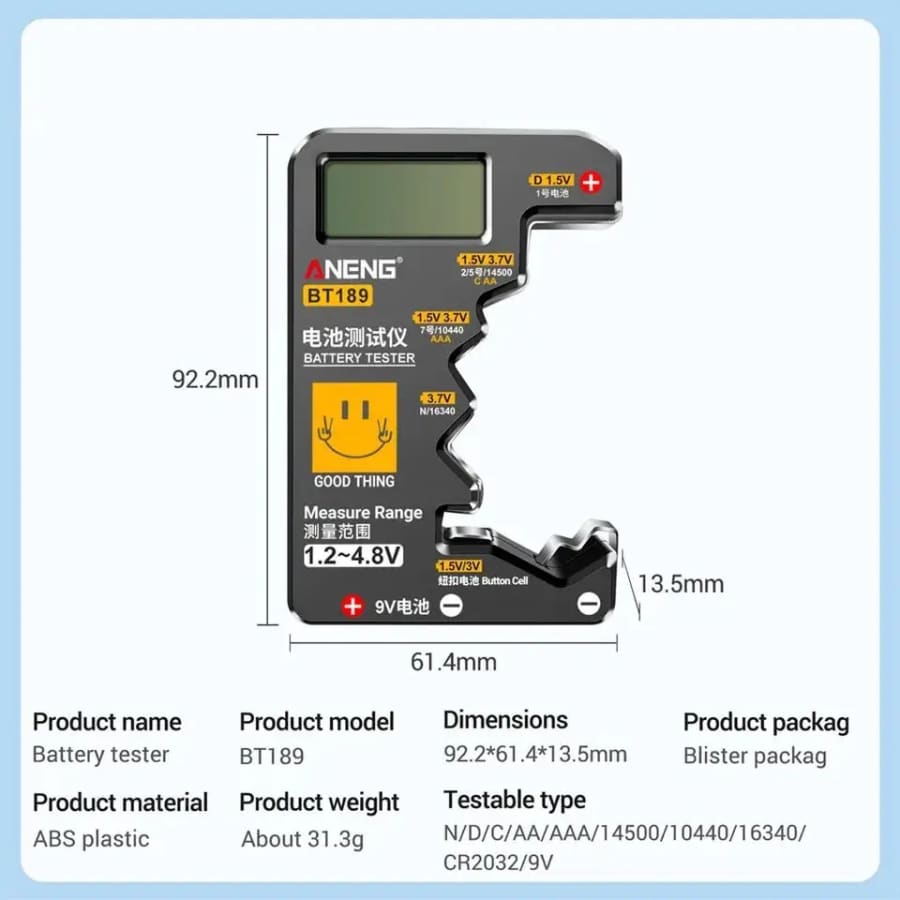 Battery Tester BT189 (Button Cell, AA, AAA, C, D, 9V, 14500, 16340)