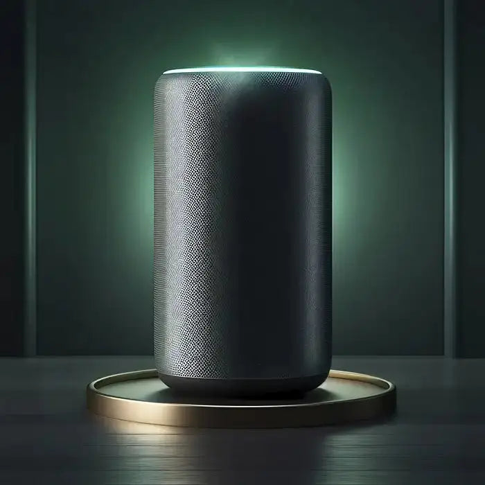 A dark gray cylindrical smart speaker with a textured fabric cover sits on a round metallic gold base, set against a dark green background with a soft green glow.