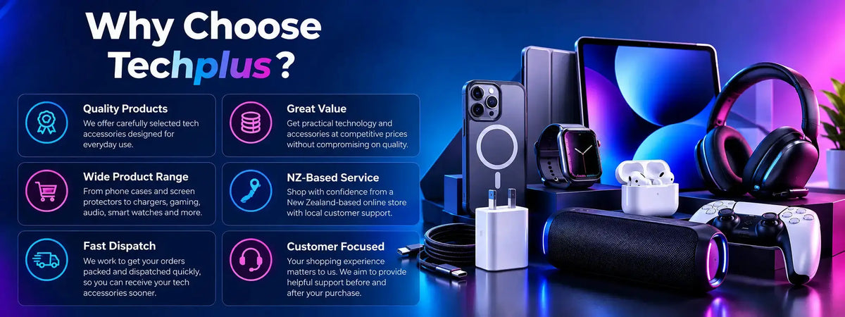 Promotional banner for Techplus showing a collection of tech accessories and electronics, including a smartphone, headphones, earbuds, a game controller, and a power bank, set against a dark blue and purple gradient background with text reading 'Why Choose Techplus?'.