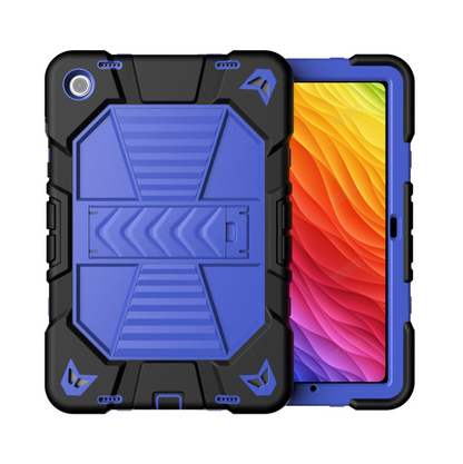 Blue and black rugged phone case with a colorful screen view on a white background