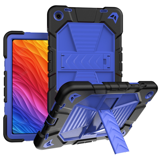 Blue and black rugged phone case with stand feature on a white background