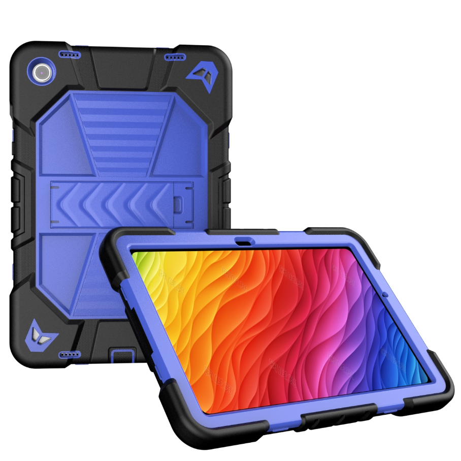 Blue and black tablet case with colorful screen on a white background