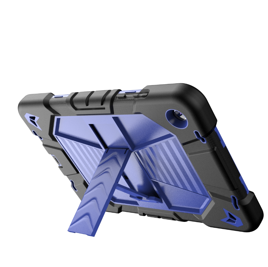 Rugged phone case with blue and black design on a white background