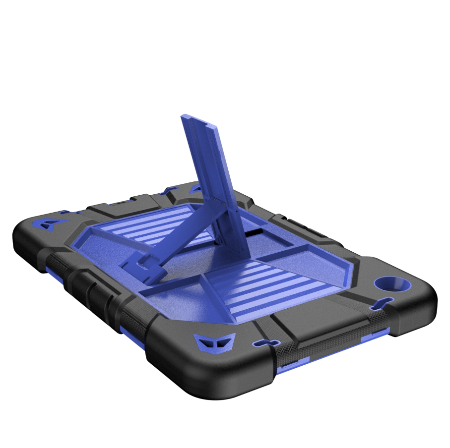 Rugged phone case with blue interior and black exterior on a white background