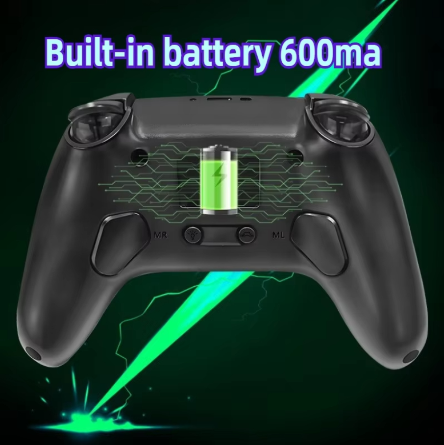 Black gaming controller with battery indicator on a dark background