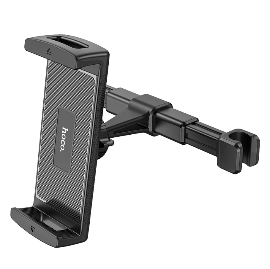 Black car phone holder with adjustable arm on a white background