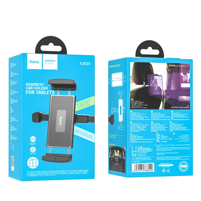 Two views of the Hoco Premium Car Holder for Tablets CA121 retail packaging, shown on a plain white background. The box is bright blue with black and white branding, showing the front and back of the product and its features.