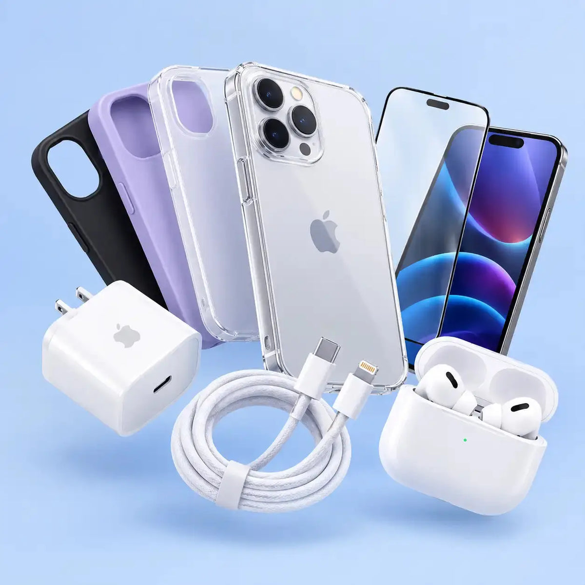 A set of Apple-compatible phone accessories arranged on a light blue background: three phone cases in black, lavender, and clear, two iPhones, a white wall charger, a white Lightning cable, and a white AirPods charging case with earbuds visible.