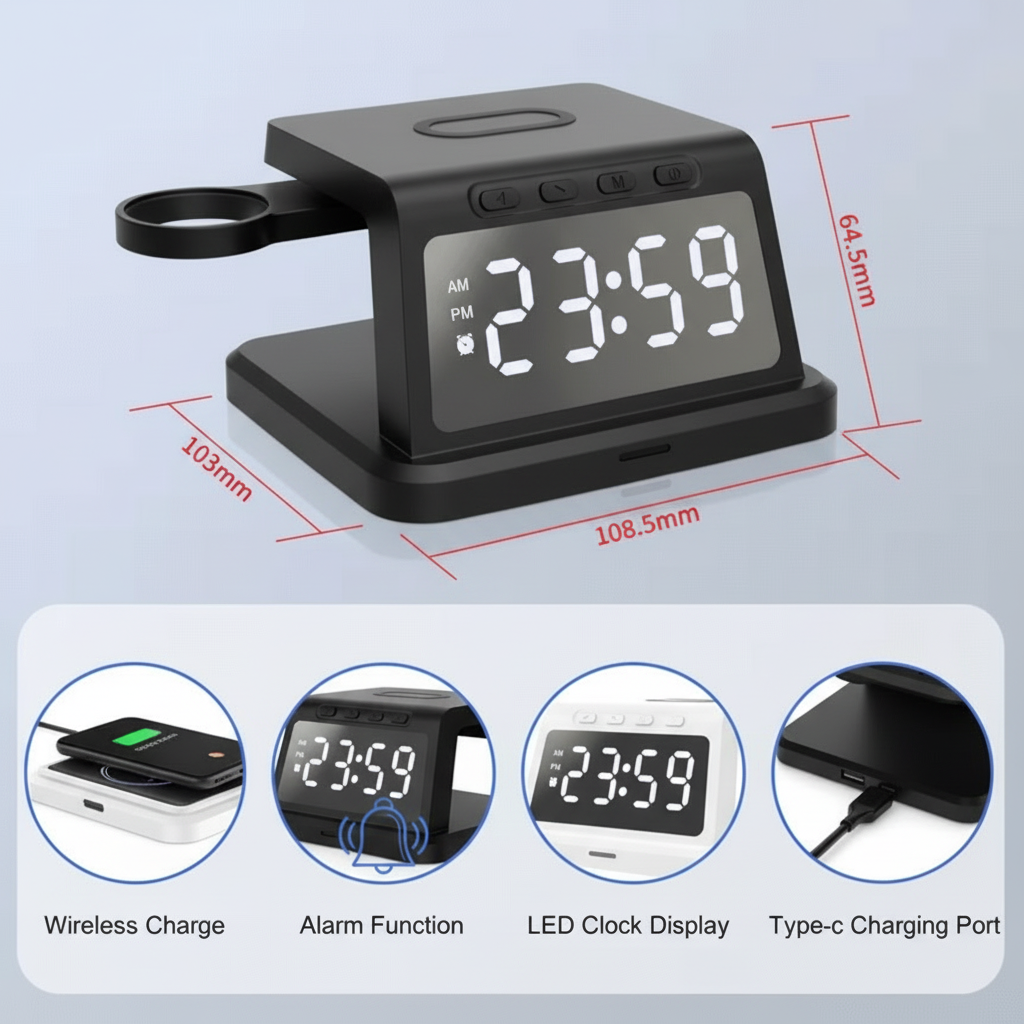 LED display alarm clock with wireless charg