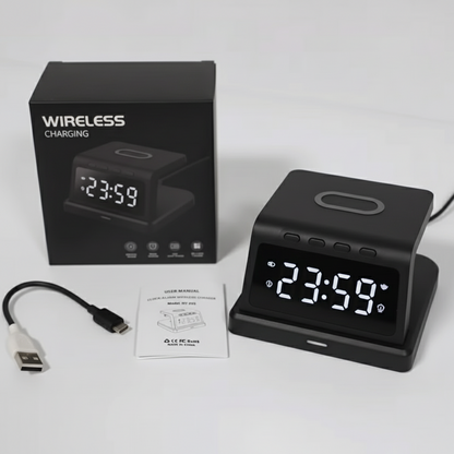 Digital alarm clock with wireless charger front view