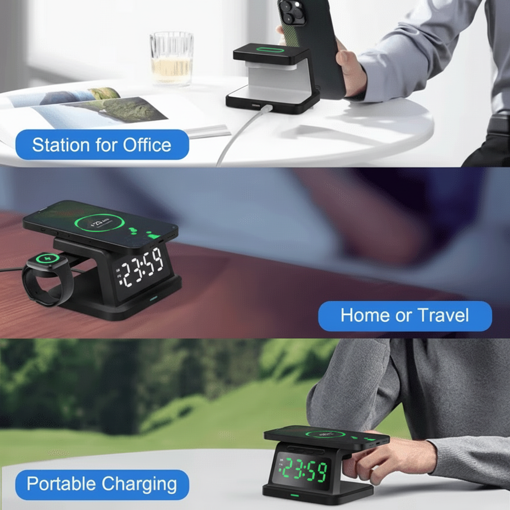 Wireless charging digital clock side angle