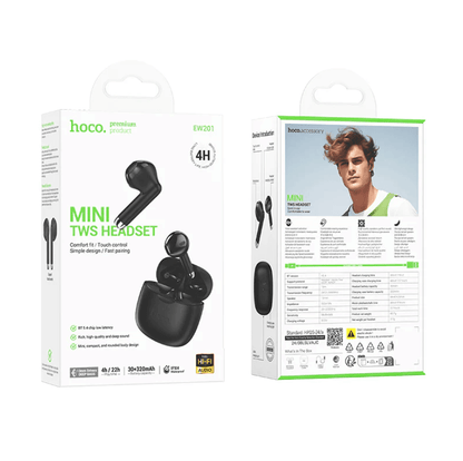 Hoco Mini TWS Headset packaging with product illustration and features on a white background