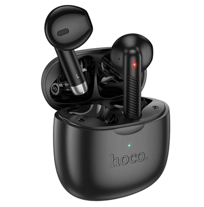Black wireless earbuds with charging case on a white background, featuring the brand 'hoco'.
