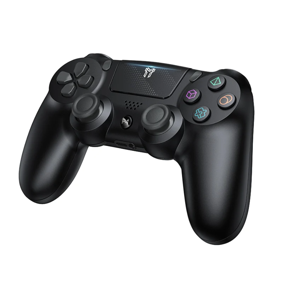 A black wireless gaming controller with dual analog sticks, a touchpad, and colored action buttons, shown on a plain white background.