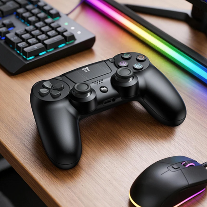 A matte black wireless gaming controller resting on a wooden desk, with a keyboard, RGB lighting strip, and computer mouse nearby.