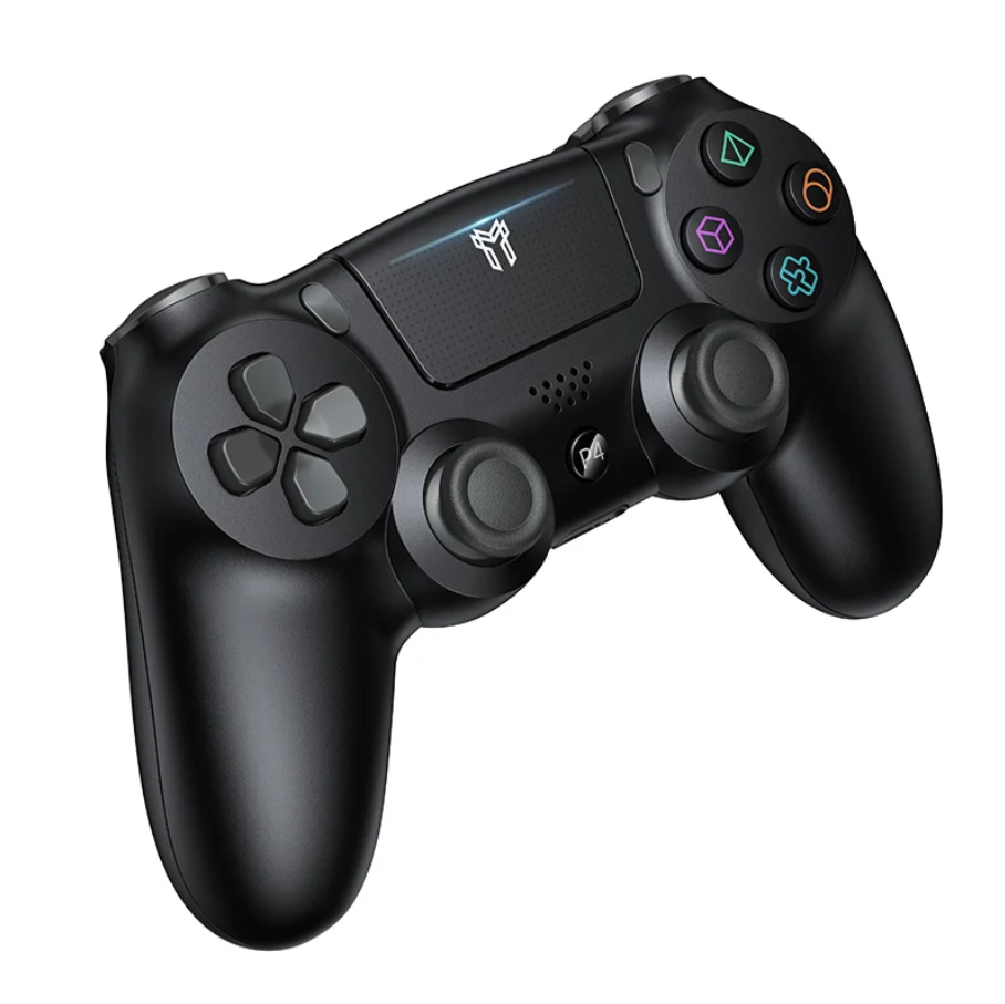 A black wireless gaming controller with a custom metallic logo on the touchpad, shown against a solid white background.