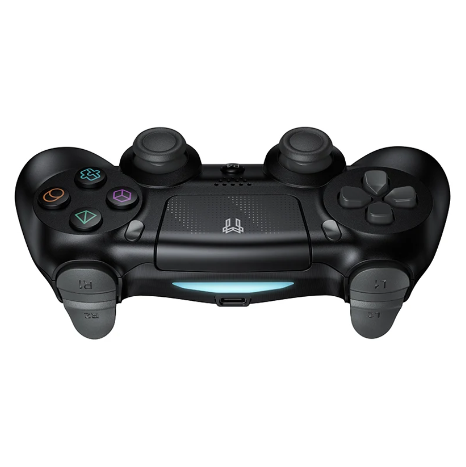 A black PlayStation 4 DualShock 4 wireless controller shown from a top-down angle on a solid white background.