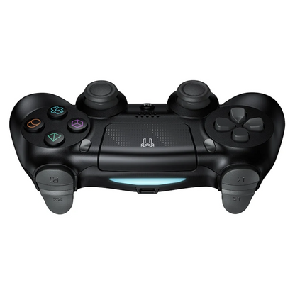 A black PlayStation 4 DualShock 4 wireless controller shown from a top-down angle on a solid white background.