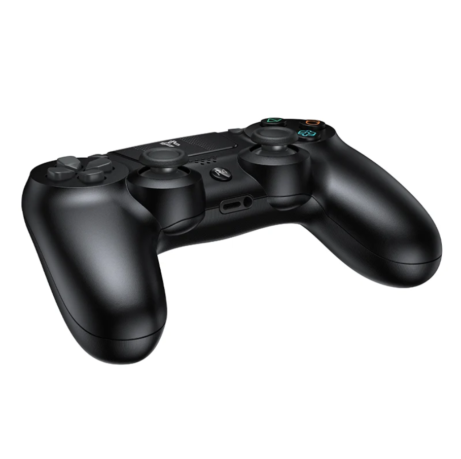 A black PlayStation 4 controller shown from a three-quarters angle on a solid white background.