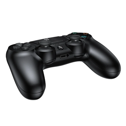 A black PlayStation 4 controller shown from a three-quarters angle on a solid white background.