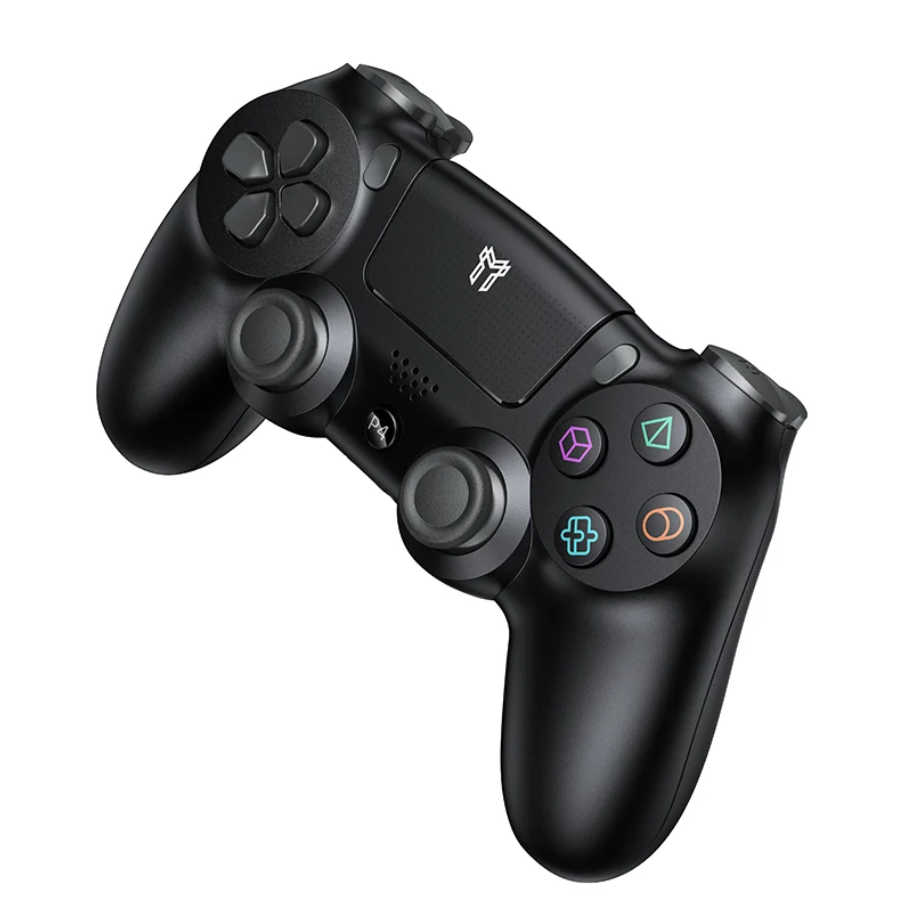A black wireless gaming controller with dual analog sticks, a directional pad, and colorful action buttons, shown on a plain white background.