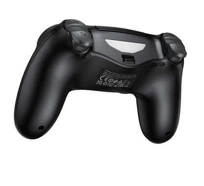 The underside of a black PlayStation 4 controller, showing the dual analog sticks, buttons, and regulatory markings on a solid white background.