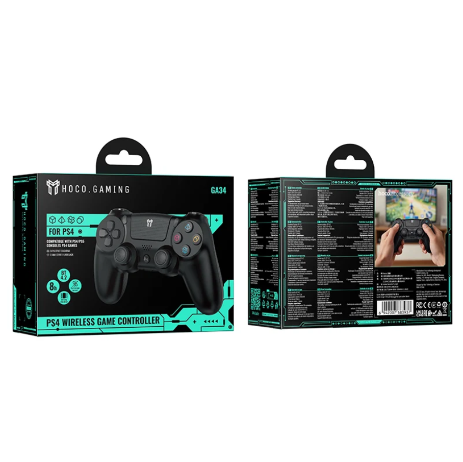 Hoco Gaming PS5 Wireless Game Controller retail packaging shown from the front and back on a plain white background. The box is black with bright teal accents and features a large image of the black controller on the front, while the back displays product specifications and a small photo of hands holding the controller.