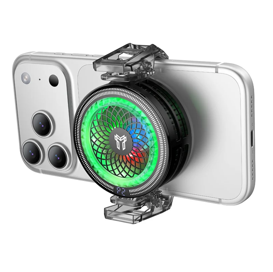 A silver smartphone shown from the back with a clear mounting bracket holding a circular black cooling fan accessory. The fan has a glowing green center with red and blue accents and a visible logo in the middle.