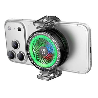A silver smartphone shown from the back with a clear mounting bracket holding a circular black cooling fan accessory. The fan has a glowing green center with red and blue accents and a visible logo in the middle.