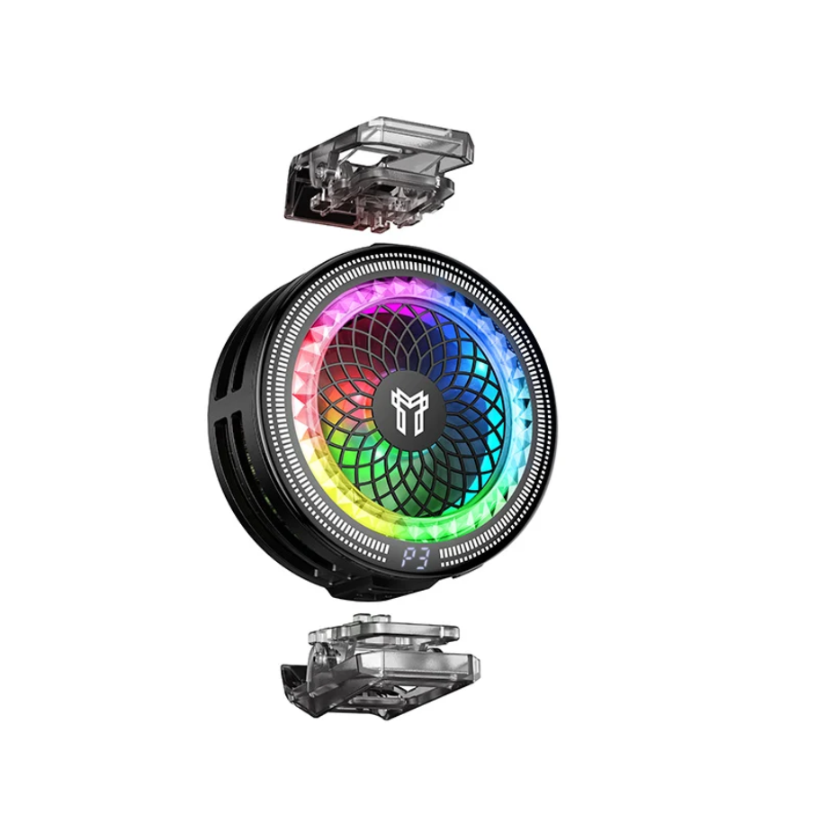 A black CPU cooler heatsink with a circular RGB LED fan, shown with two transparent mounting brackets above and below on a solid white background.