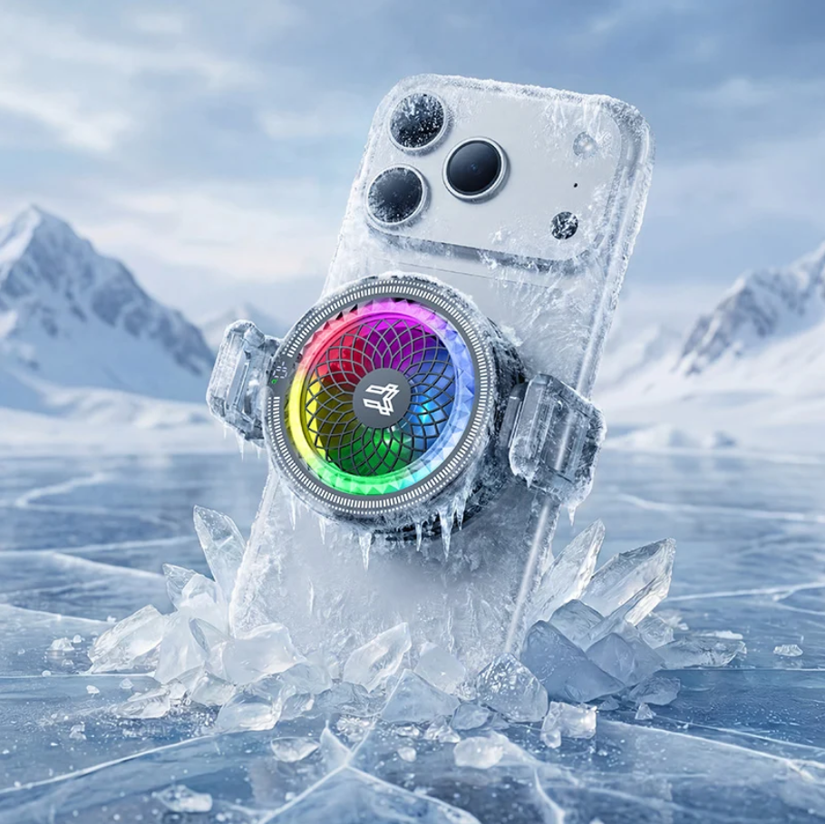 A clear, icy phone case with a circular, rainbow-colored LED ring holder, shown frozen in ice on a snowy mountain landscape.