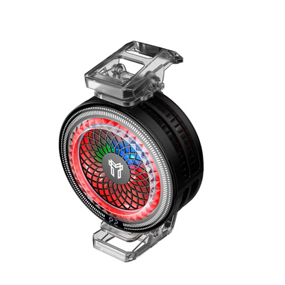 A circular gaming cooling fan with a clear plastic mounting bracket, featuring a black outer frame and a central fan blade illuminated with red, white, blue, and green RGB lighting. The brand logo is visible in the center of the fan.