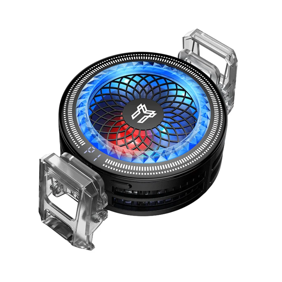 A black CPU heatsink with a circular fan featuring blue and red LED lighting, shown with two clear plastic mounting brackets on a white background.