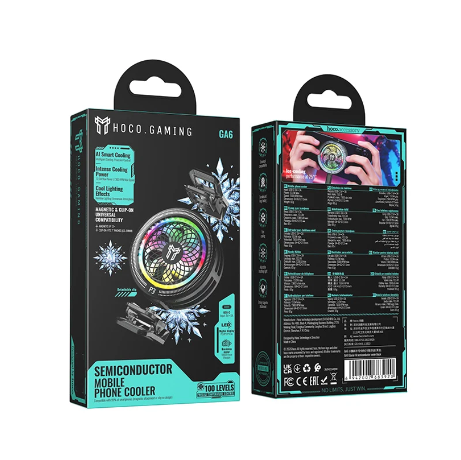 HOCO GAMING Semiconductor Mobile Phone Cooler G6 retail packaging shown front and back on a plain white background.
