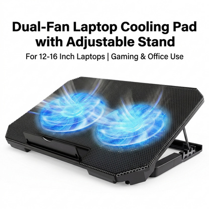 A dual-fan laptop cooling pad with an adjustable stand, shown at an angle on a white background with promotional text above. The pad is black with glowing blue graphics representing the fans.