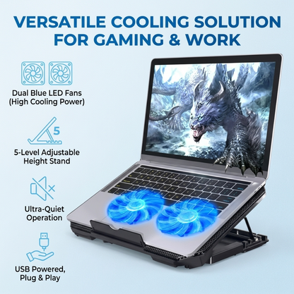 A silver laptop on a black cooling stand with two glowing blue fans, shown on a light blue background with marketing text and icons for dual LED fans, adjustable height stand, quiet operation, and USB power.