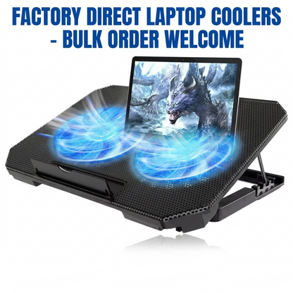 Black laptop cooling fan stand with two cooling fans and a tablet placed on top, shown on a white background with blue text reading 'FACTORY DIRECT LAPTOP COOLERS - BULK ORDER WELCOME'.