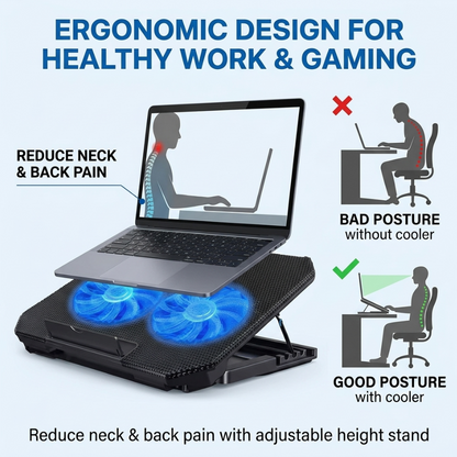 An ergonomic laptop cooling stand with dual glowing blue fans, shown holding a laptop on a light blue background with promotional text and posture comparison graphics.