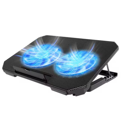 Black laptop cooling fan stand with two glowing blue fans, shown on a plain white background.