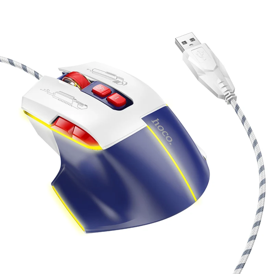 A wired gaming mouse with a white and navy blue body, red scroll buttons, and a gray-and-white striped cable, shown on a white background.