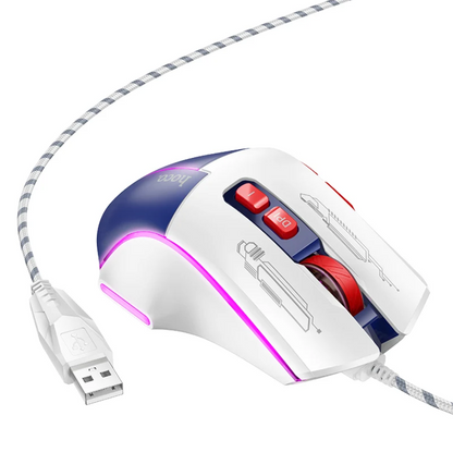 White gaming mouse with red buttons and a USB cable on a white background