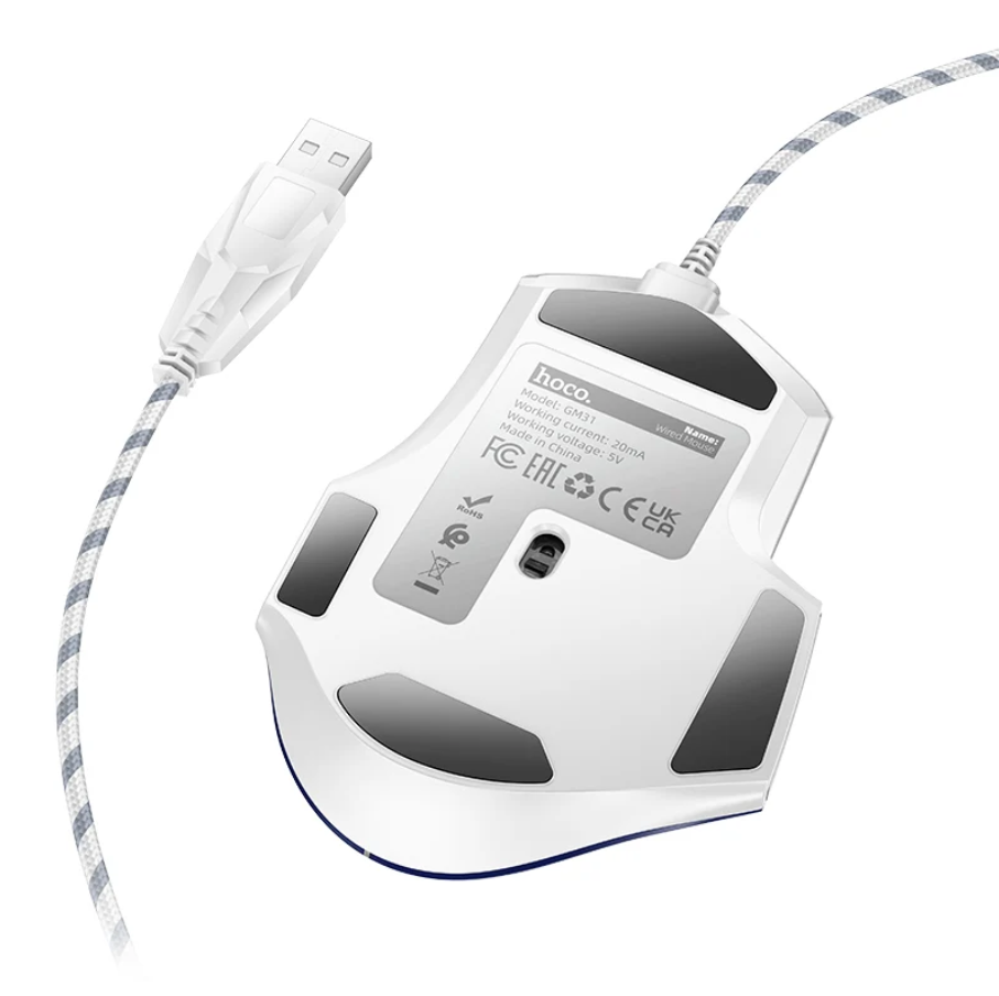 White wired computer mouse shown from the underside, with a gray USB connector, gray printed label, and gray-and-white striped cable on a plain white background.