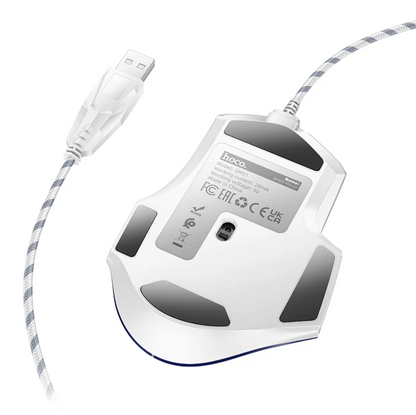 White wired computer mouse shown from the underside, with a gray USB connector, gray printed label, and gray-and-white striped cable on a plain white background.