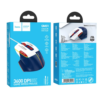 Front and back views of the Hocol GM31 1.5m wired gaming mouse in its retail packaging, featuring a blue box with product images and specifications.
