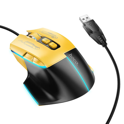 A gaming mouse in yellow and black with a black braided USB cable, shown on a clean white background. The brand name 'hoco.