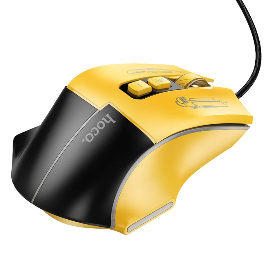 A yellow and black ergonomic wired computer mouse with a black scroll cord, featuring the 'hoco.' brand name on the side, shown on a solid white background.